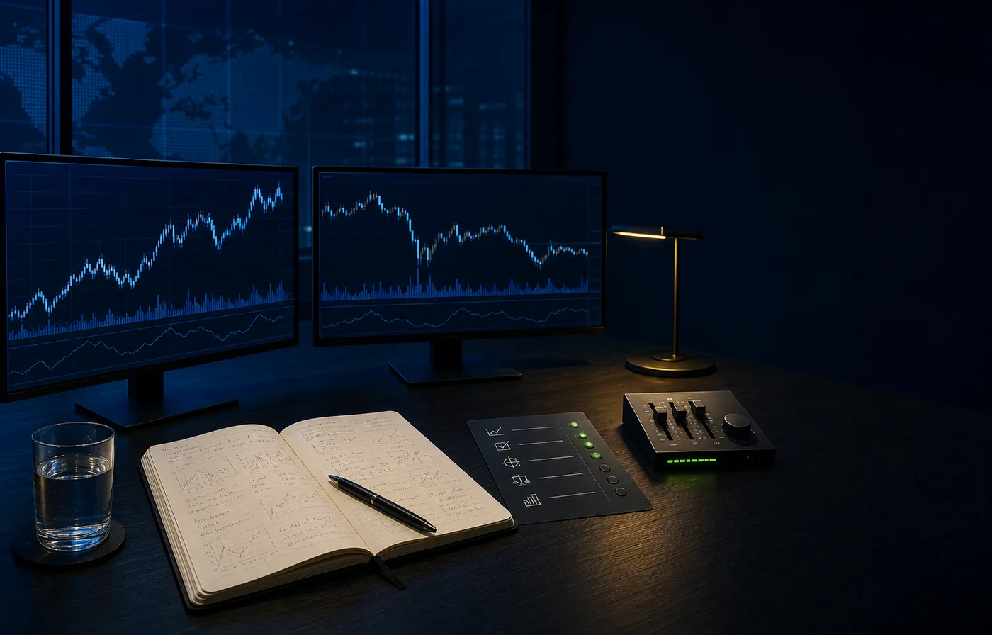 Disciplined trading analysis workspace with charts, journal, and controls