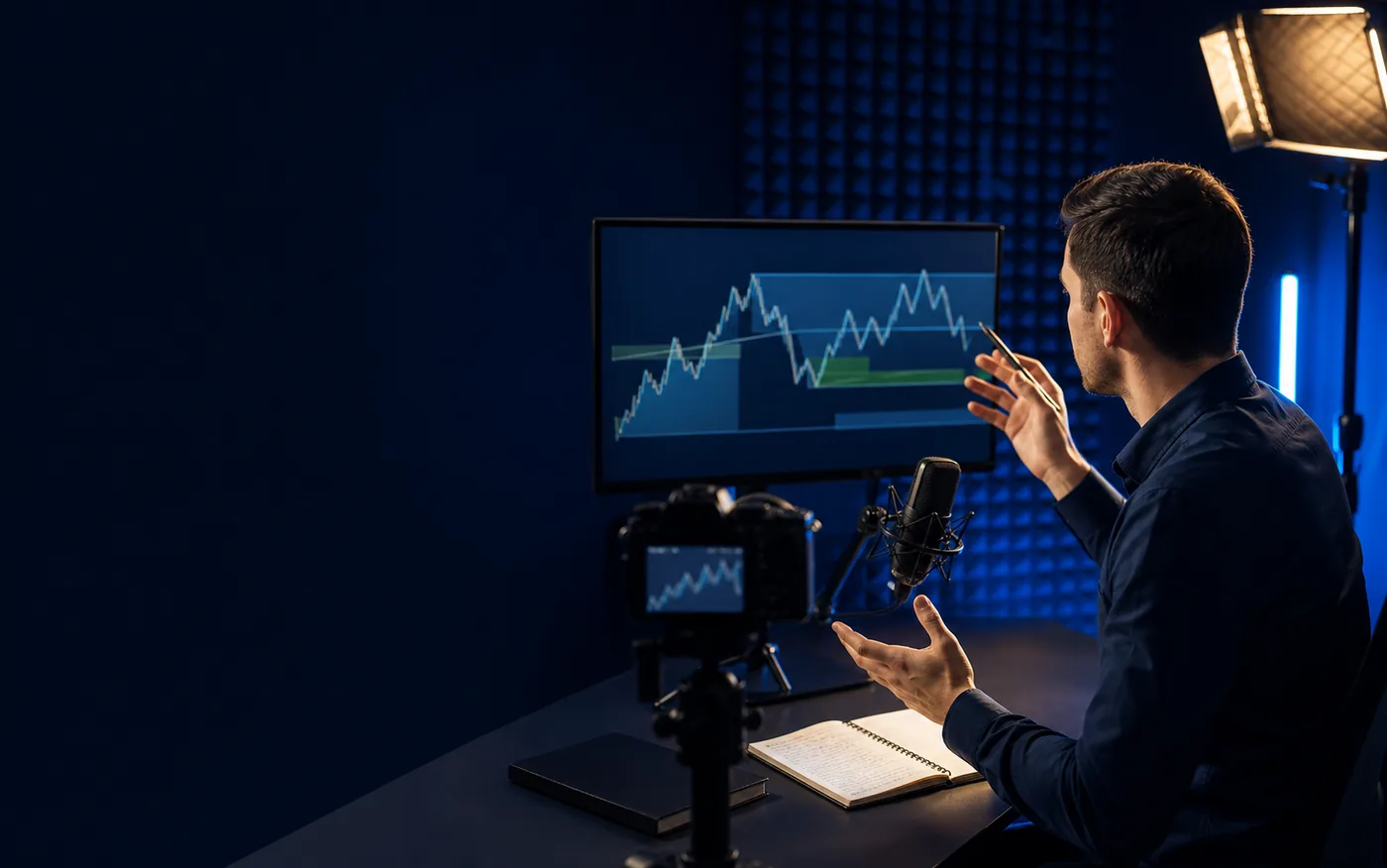 Educator recording a trading education video lesson