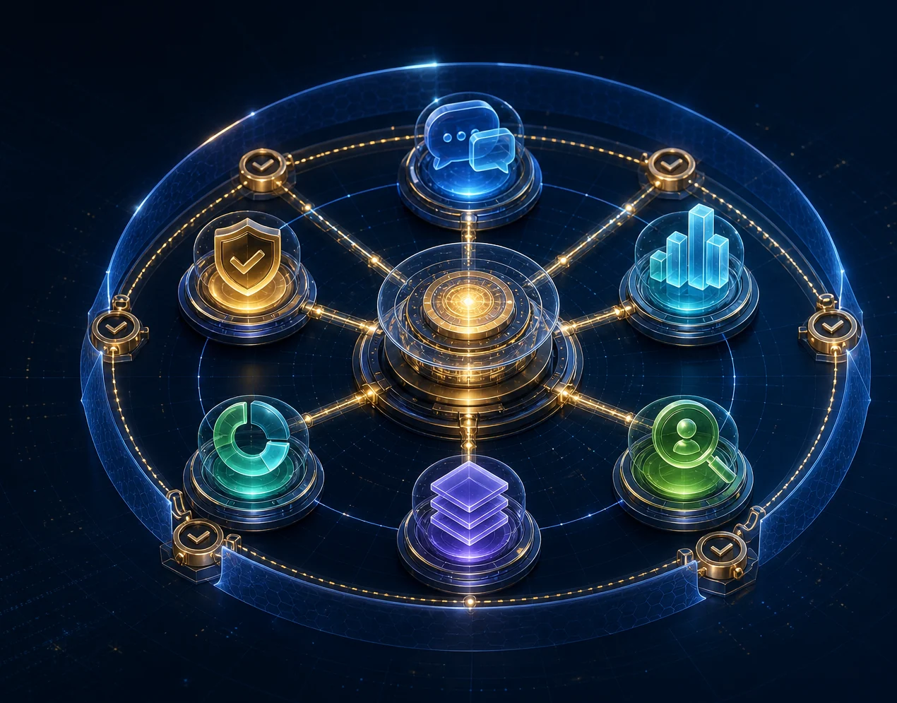 A governed network of specialised artificial intelligence agents connected to a central control core