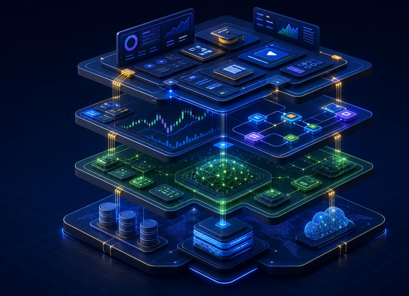 Four interconnected technology layers representing education, execution, artificial intelligence, and data infrastructure