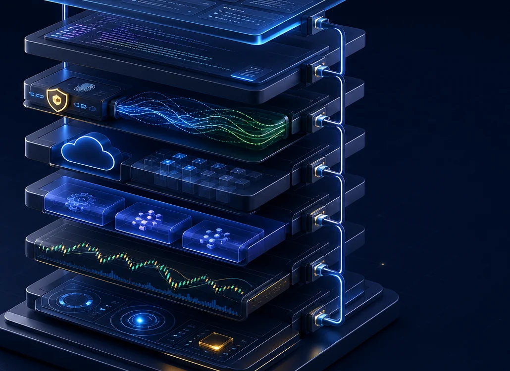 A modular technology stack with connected web, cloud, data, charting, and execution layers
