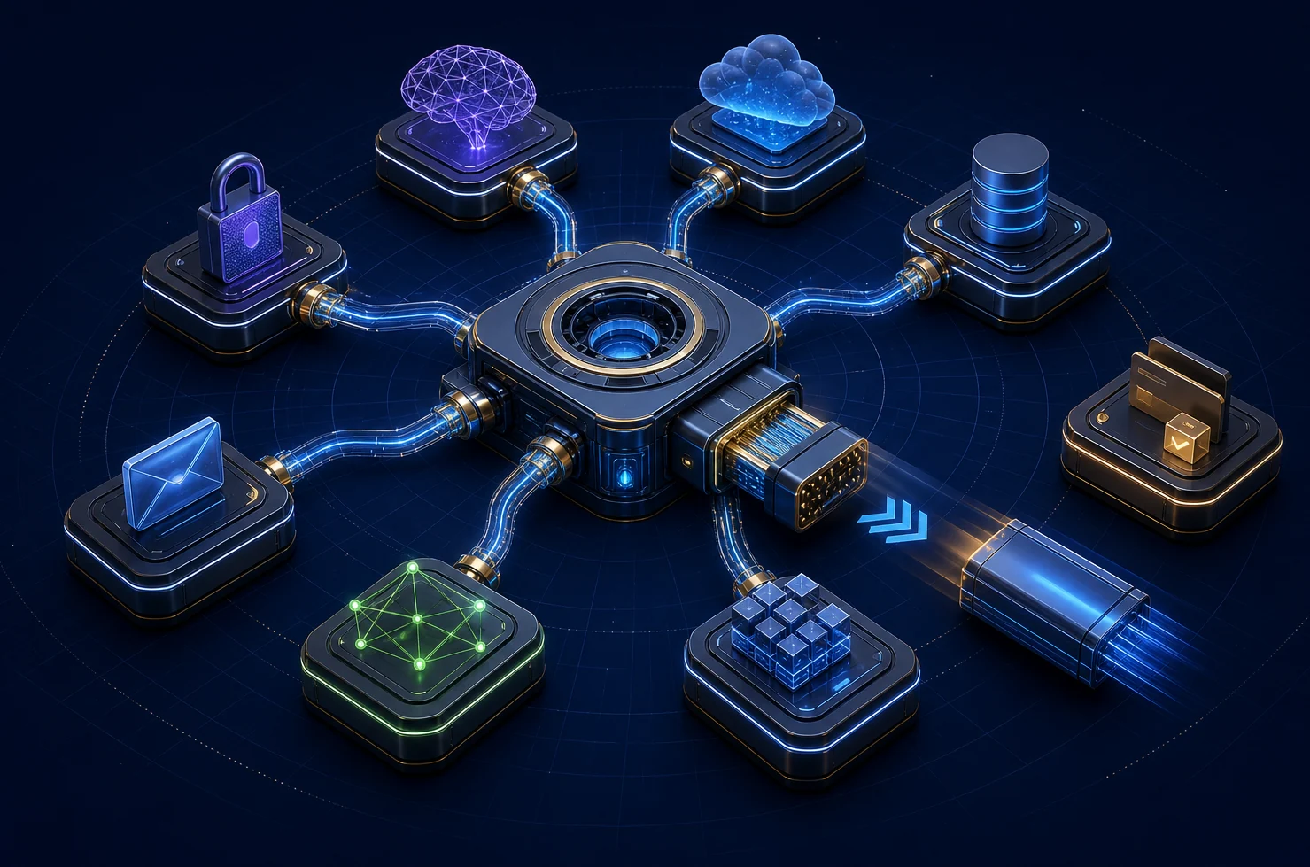 A universal technology gateway connecting interchangeable cloud, artificial intelligence, database, and service modules